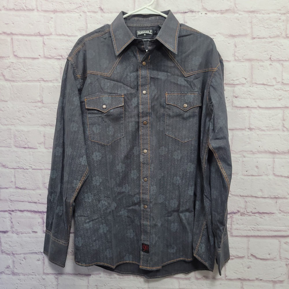 Panhandle Slim Black Floral Western Shirt Mens L Pearl Snap Y2K Utility Grunge